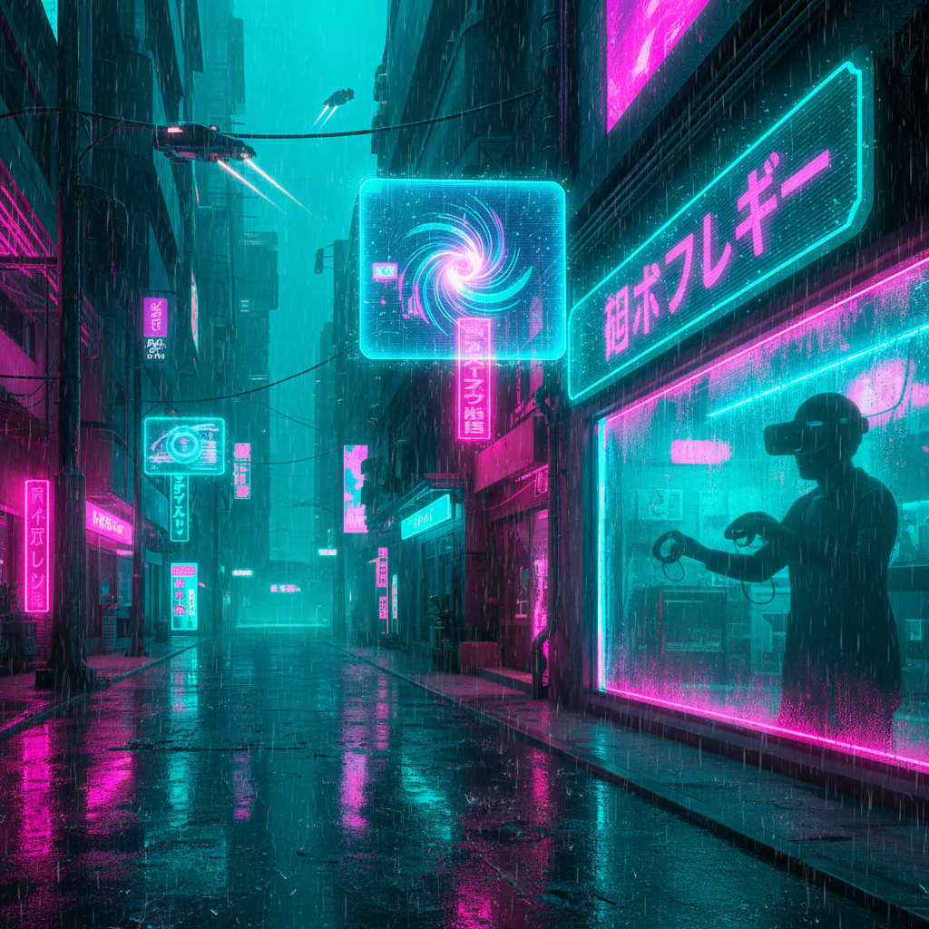 Neon cyberpunk VR city street scene with a player silhouette