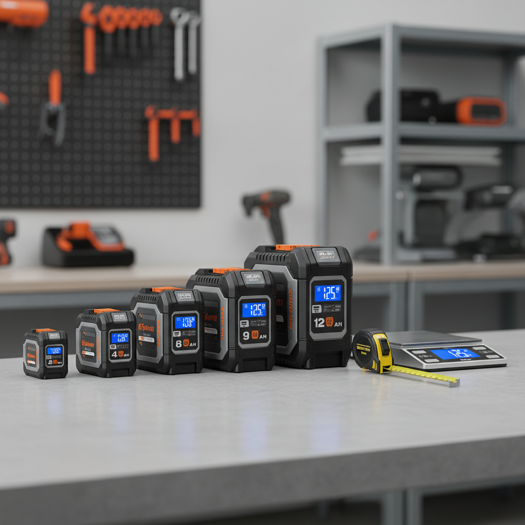 Comparing drill battery amp-hour sizes and weight on a workbench