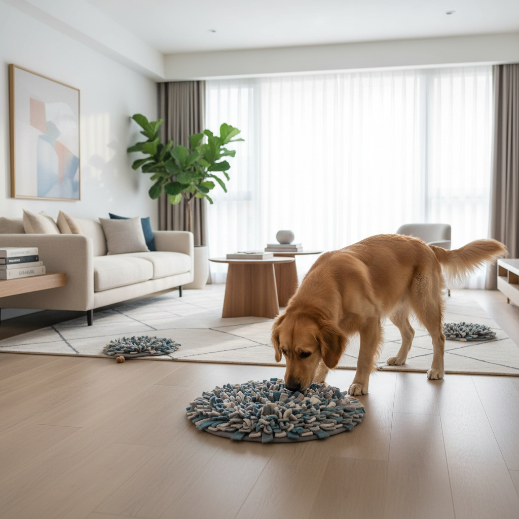 Dog sniffing for hidden treats in a living room scent game