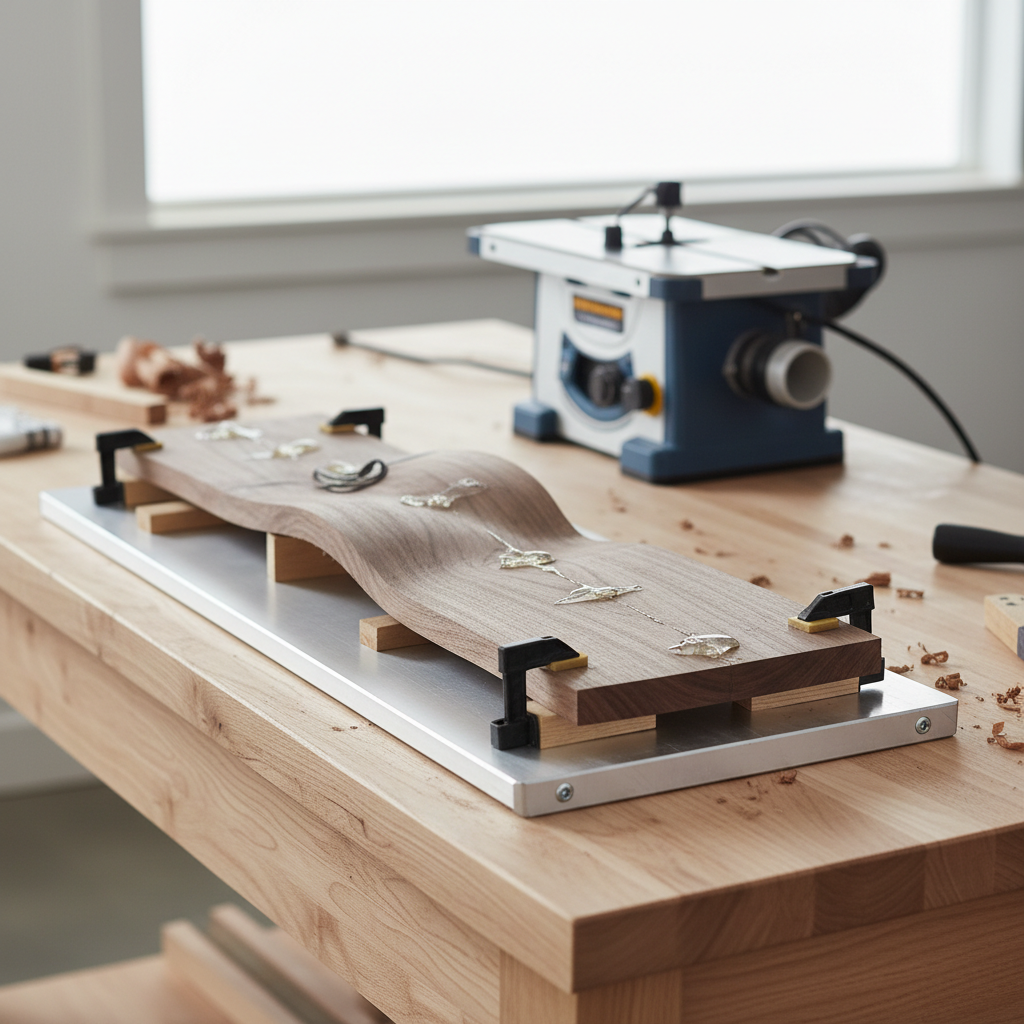 Wood planer sled setup with shims under a twisted board for flattening