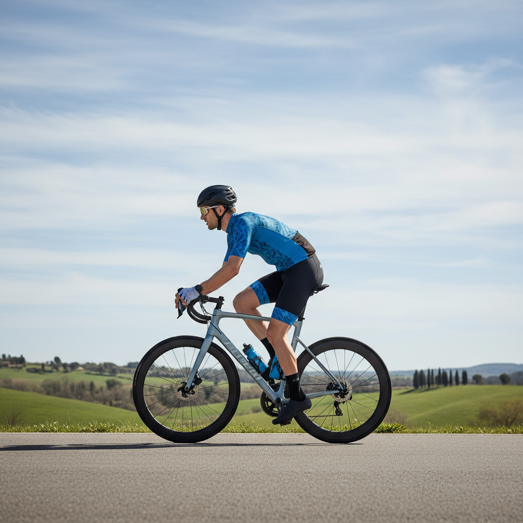 Proper cycling posture with soft elbow bend and neutral wrists on road bike hoods