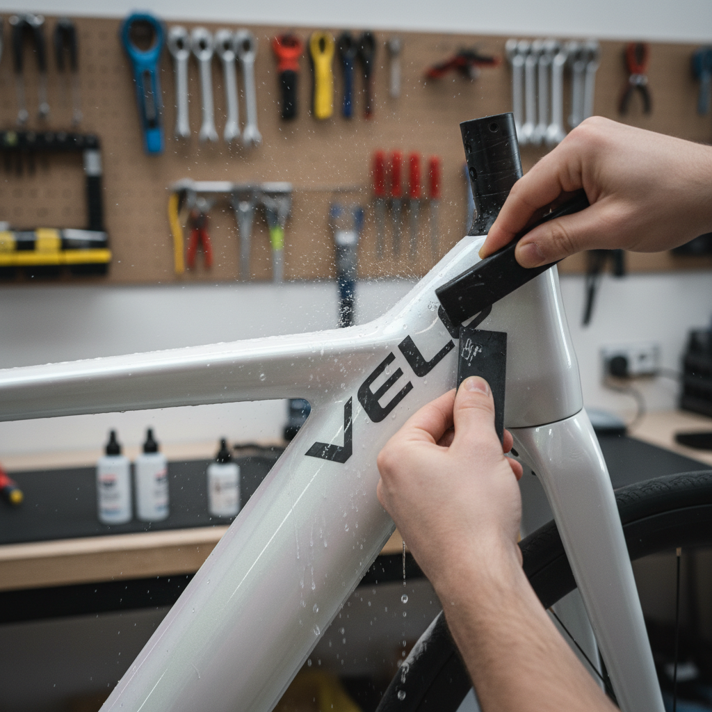 Squeegeeing water out from under a vinyl bike decal during wet application