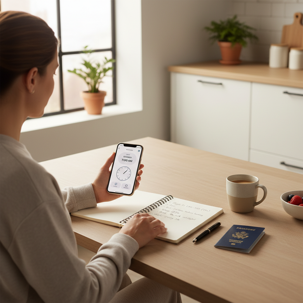 Traveler planning sleep schedule for Australia flight with phone time zone app