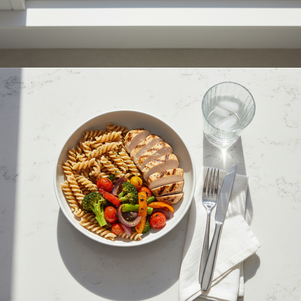 Simple post-ride recovery meal with carbs and protein on a kitchen counter