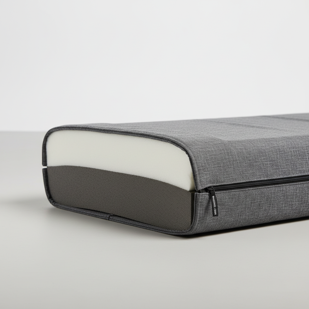 Cross-section view of orthopedic dog bed foam layers and washable cover