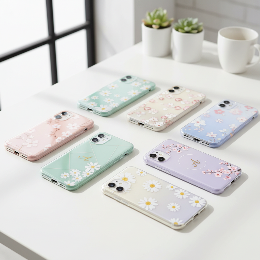 Cute phone cases for women in pastel colors on a desk