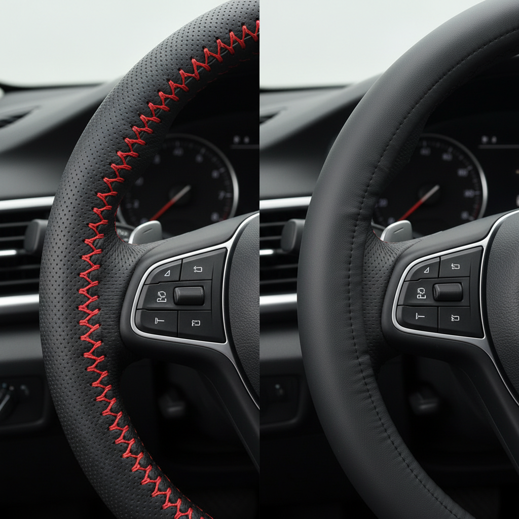 Close-up comparison of stitch-on vs slip-on leather steering wheel covers