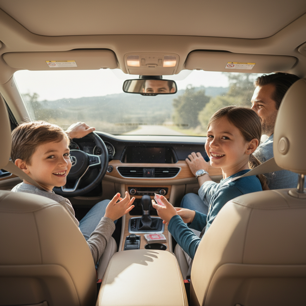 Family playing simple road trip games in the backseat