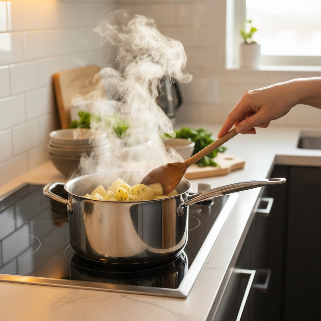Drained potatoes steaming in a hot pot to dry before mashing