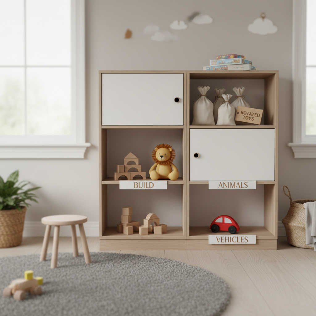 Toy rotation system without bins using labeled shelves and a small closet section