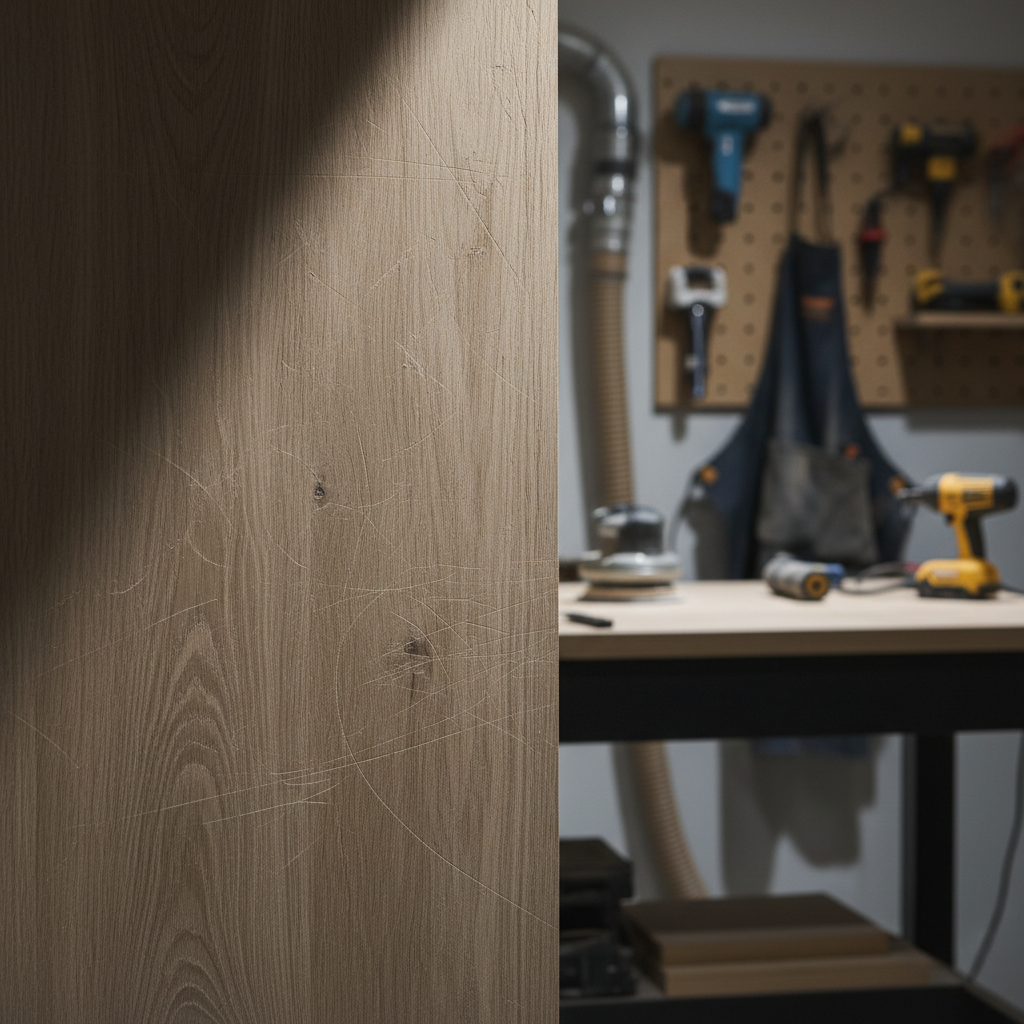 Close-up of swirl marks on a sanded wood panel under raking light