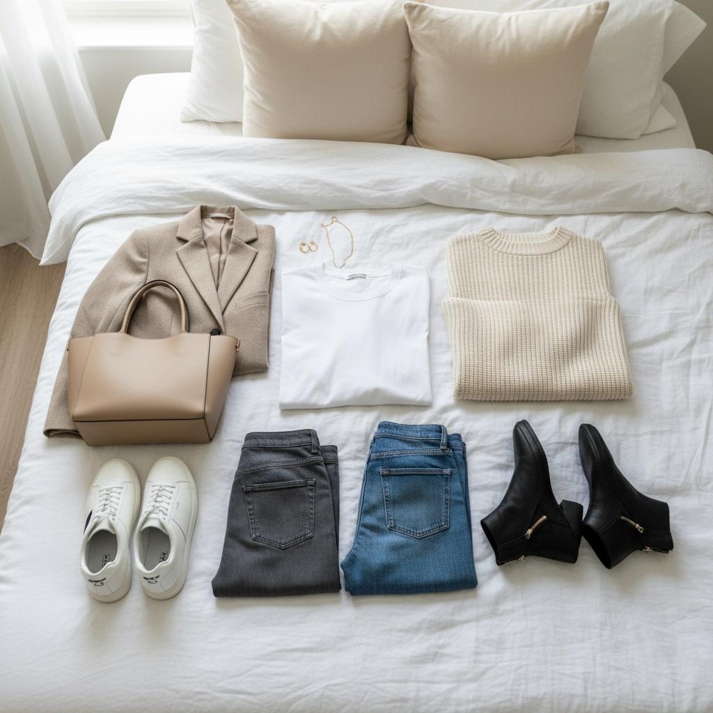 Women capsule wardrobe essentials in neutral colors laid out on a bed