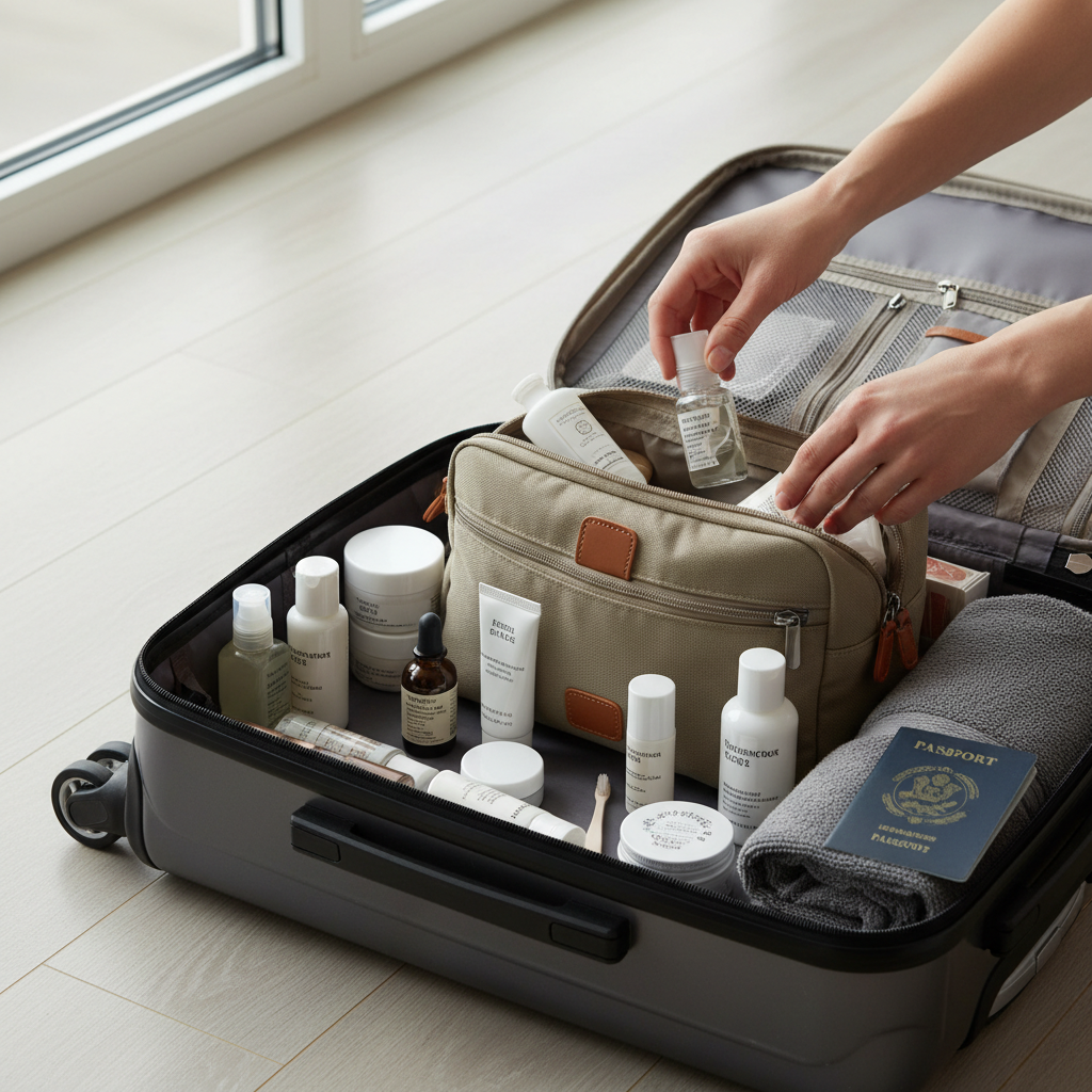 Women packing toiletries into a travel toiletry bag in a carry-on suitcase