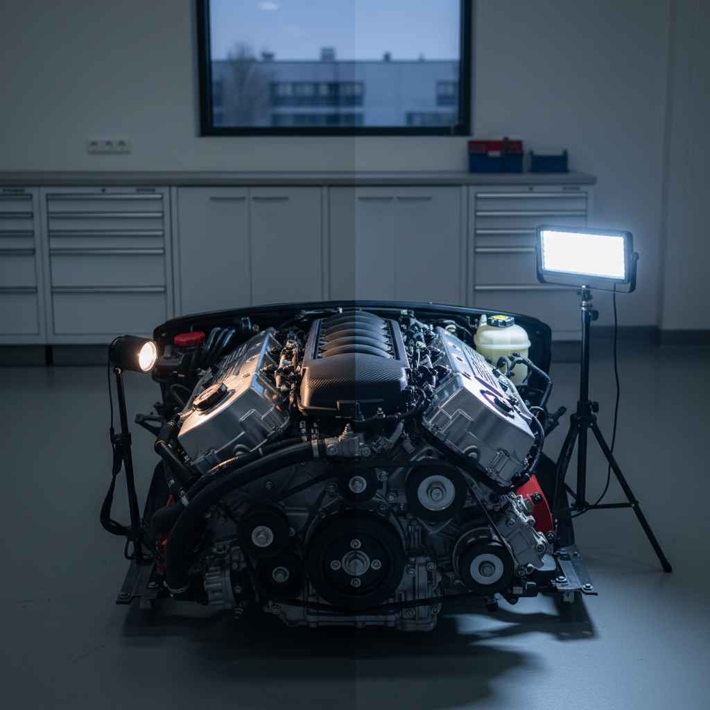 Comparison of flashlight beam spot vs flood work light on engine bay