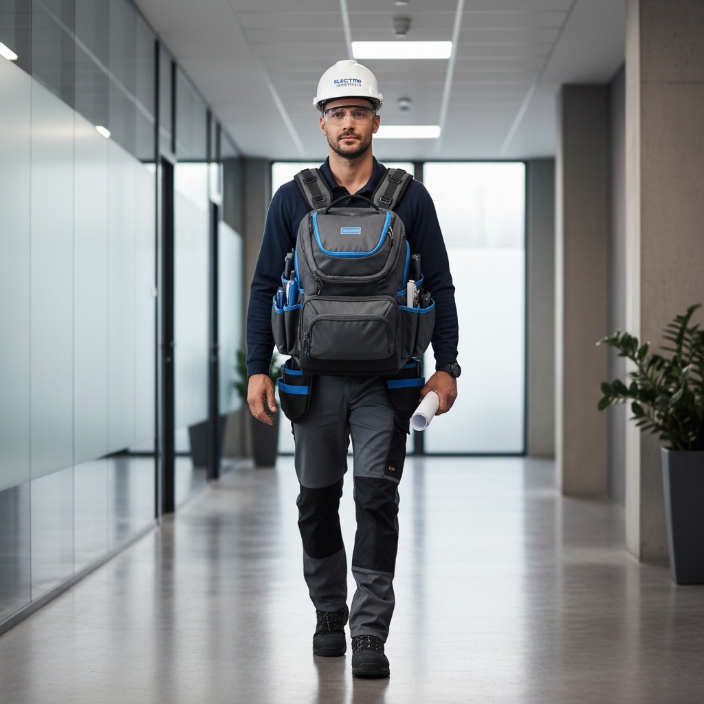 Electrician wearing a tool backpack on a commercial jobsite corridor