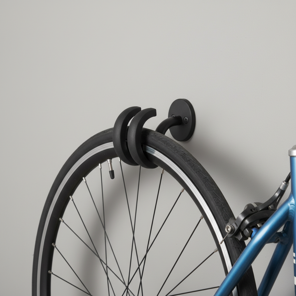 Close-up of a rubber-coated bike hook supporting a bicycle wheel safely