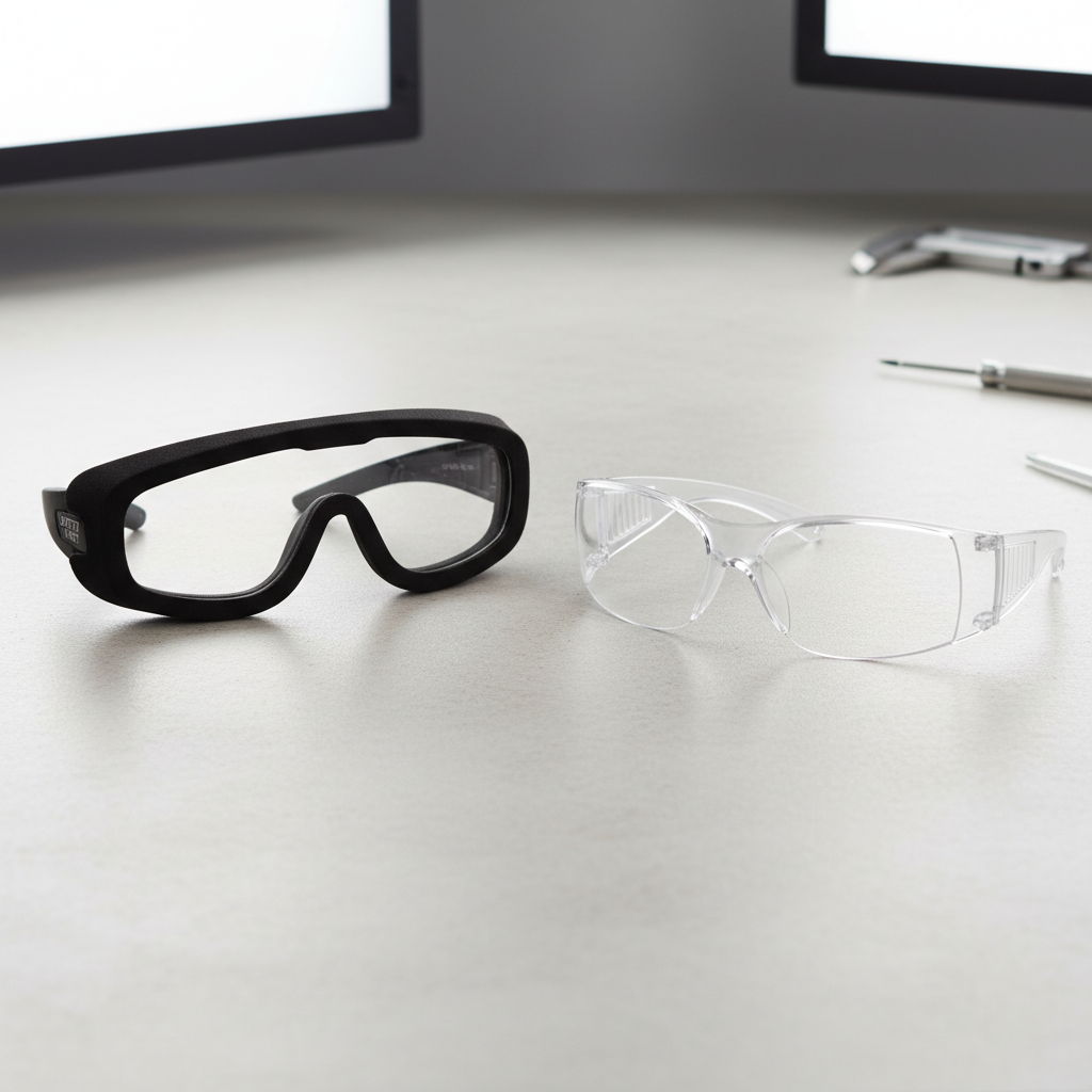 Foam gasket safety glasses compared to standard wraparound glasses on workbench