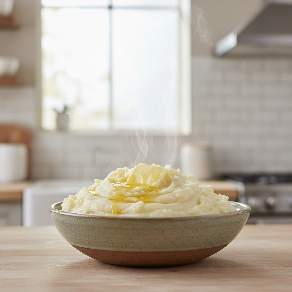 Creamy mashed potatoes in a bowl with butter melting on top