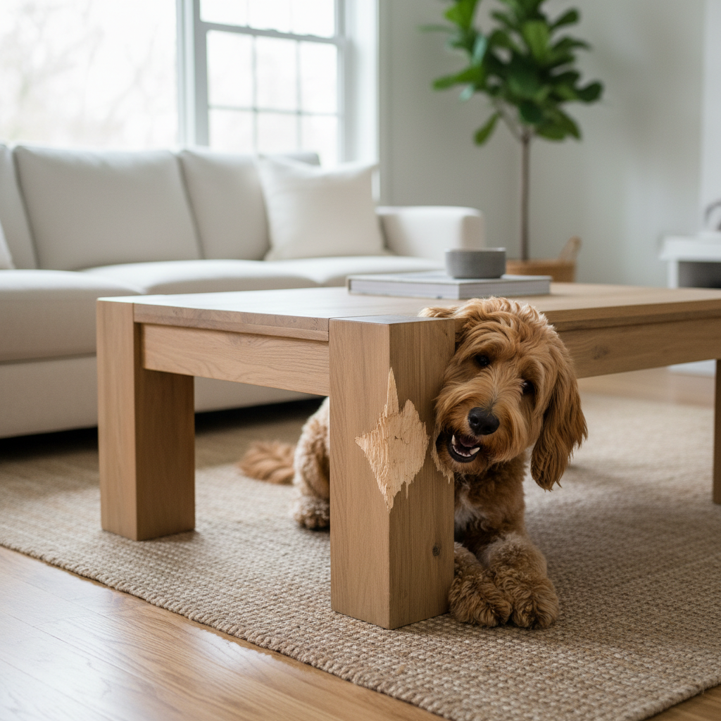 Dog chewing furniture leg in a living room
