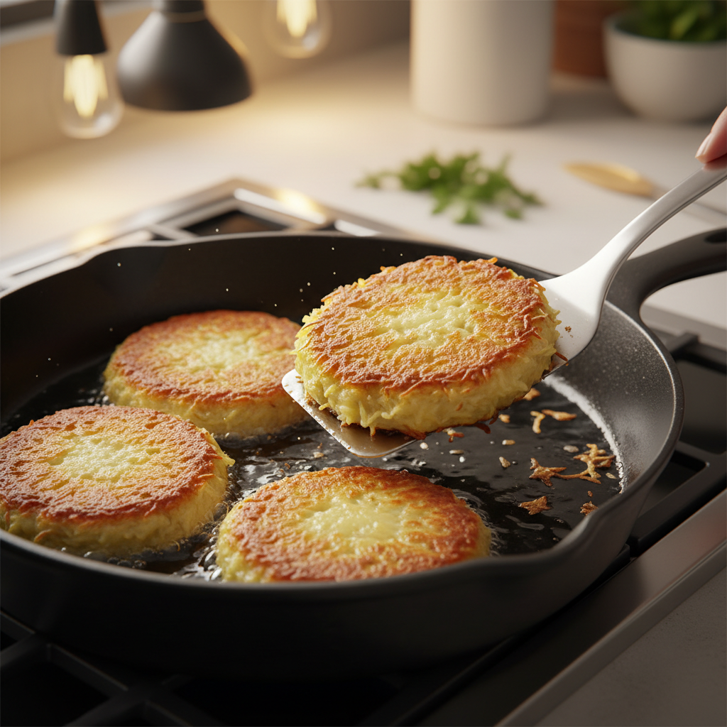 Crispy potato pattice frying in a skillet