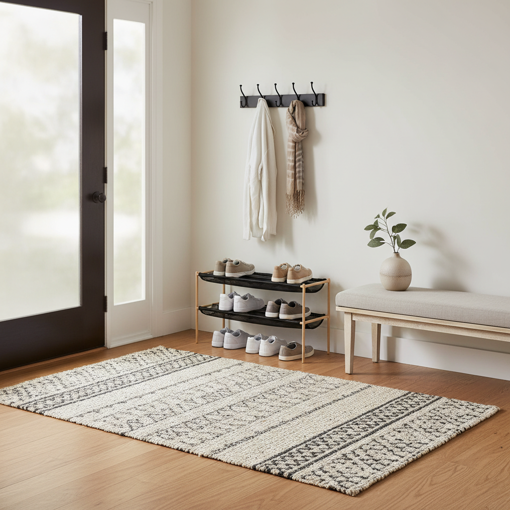 Entryway setup with doormat and shoe storage to reduce tracked-in dust