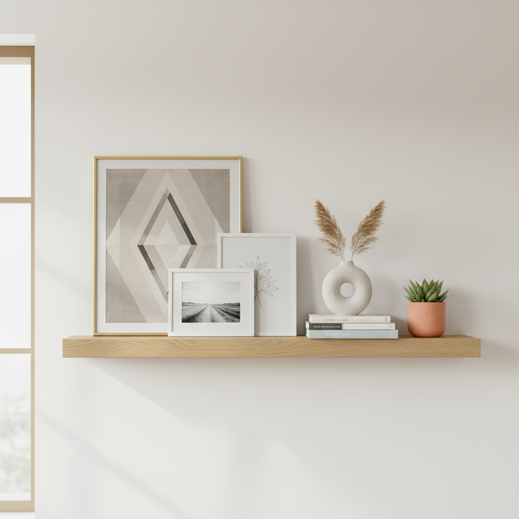 Mantel styling layout with layered frames and decor groups