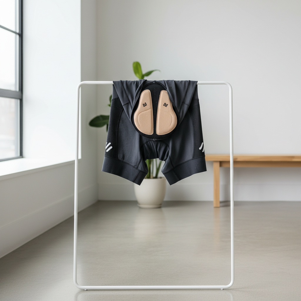 Air-drying padded cycling shorts on a rack in a well-ventilated room