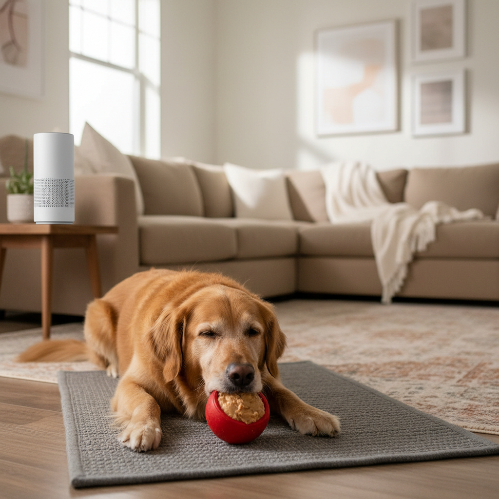 Dog relaxing on a mat with enrichment toy while home alone training setup
