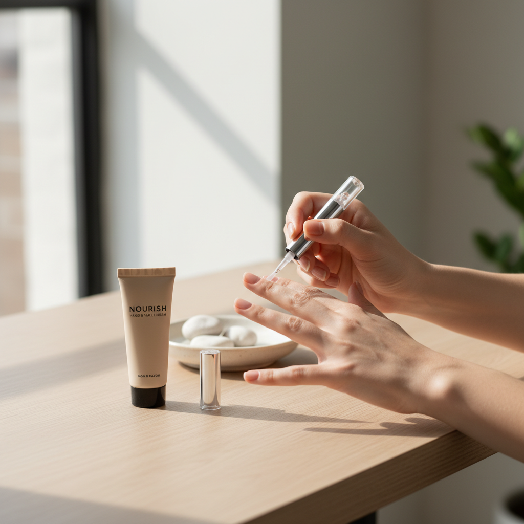 Simple cuticle oil routine at a desk with a brush pen and hand cream