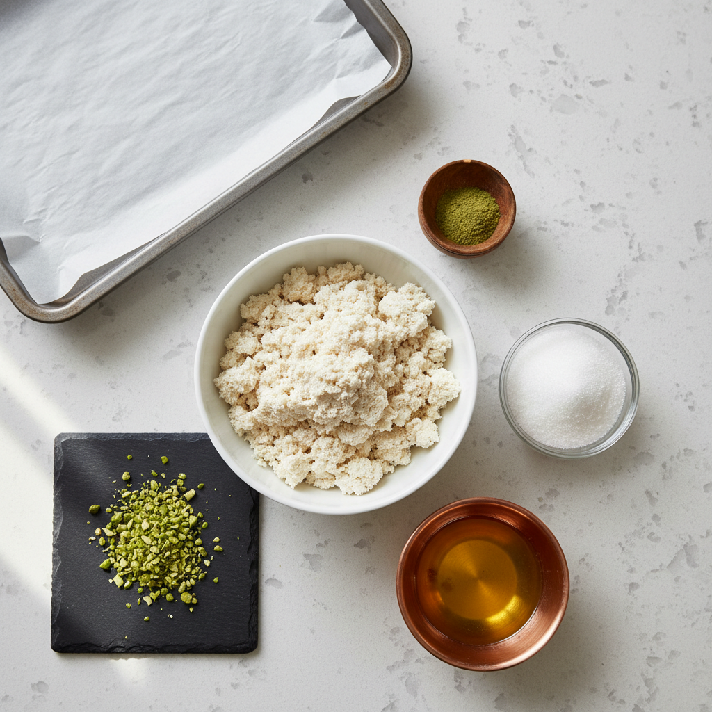 Prepped peda ingredients mawa sugar cardamom ghee arranged on a countertop