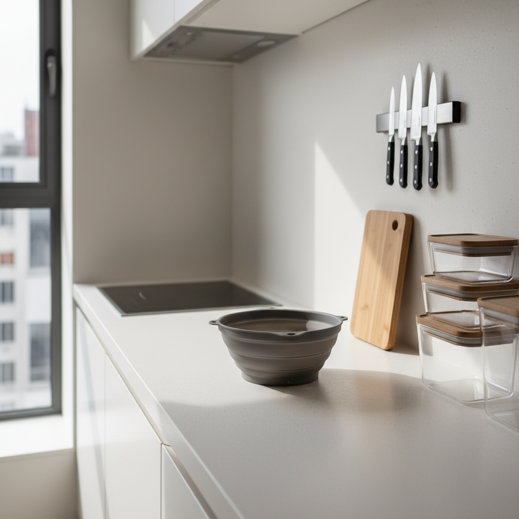 Compact small kitchen counter setup with space-saving gadgets