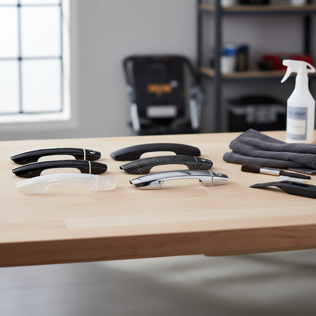 Car door handle cover options on a workbench showing different materials and finishes
