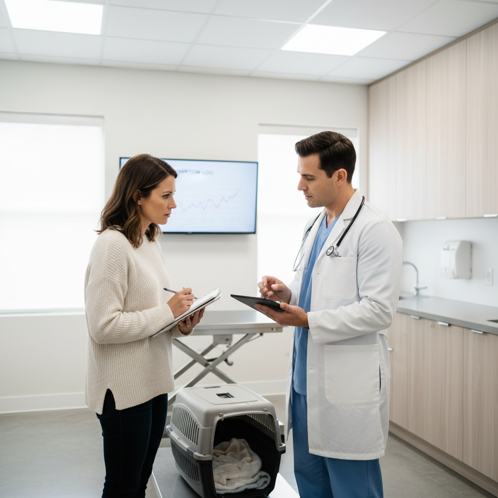 Veterinarian reviewing cat stool notes with pet owner in clinic