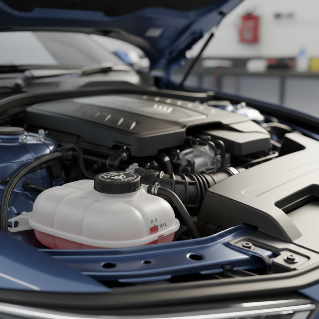 Power steering fluid reservoir under the hood showing MIN and MAX lines