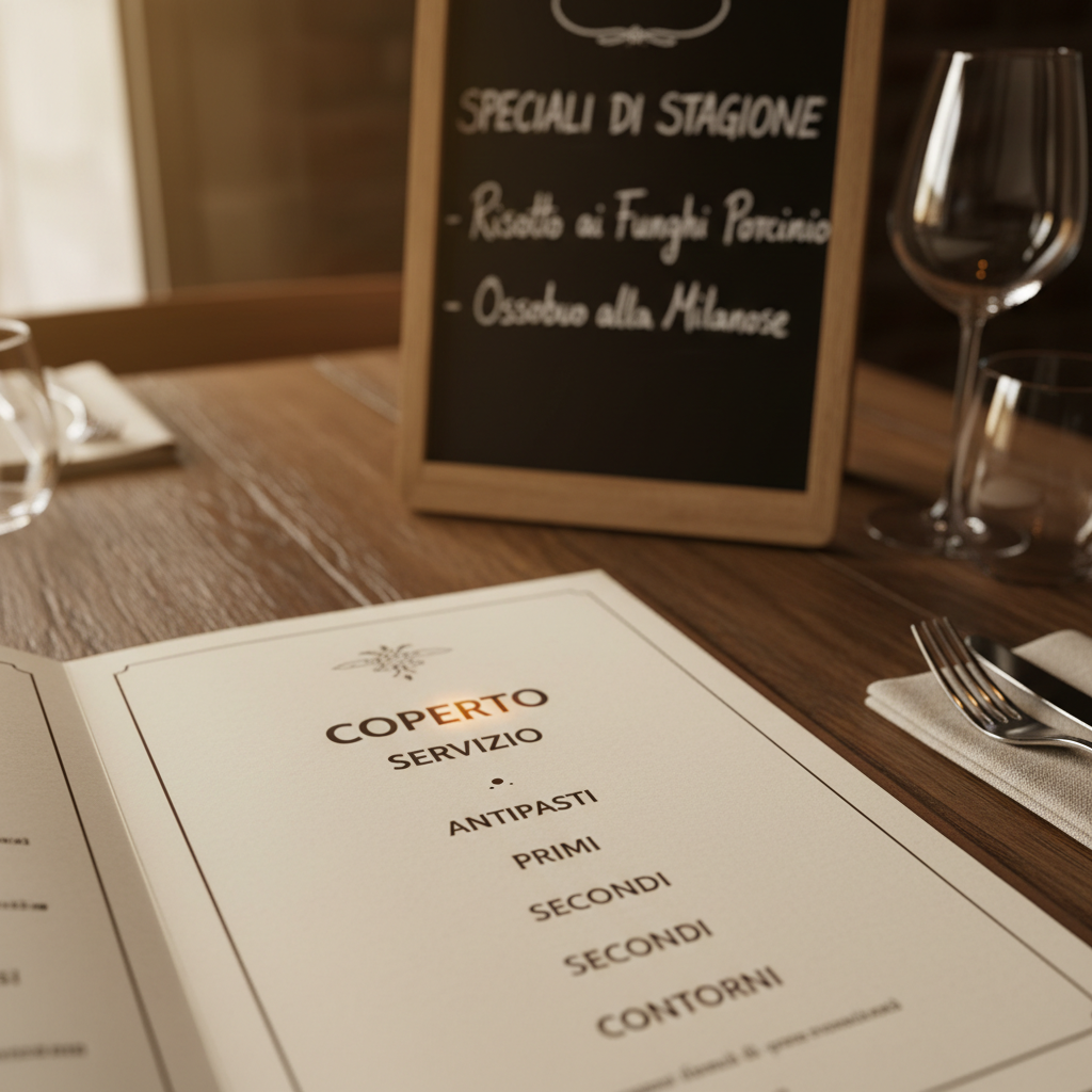 Close-up of an Italian menu highlighting coperto, servizio, and seasonal dishes