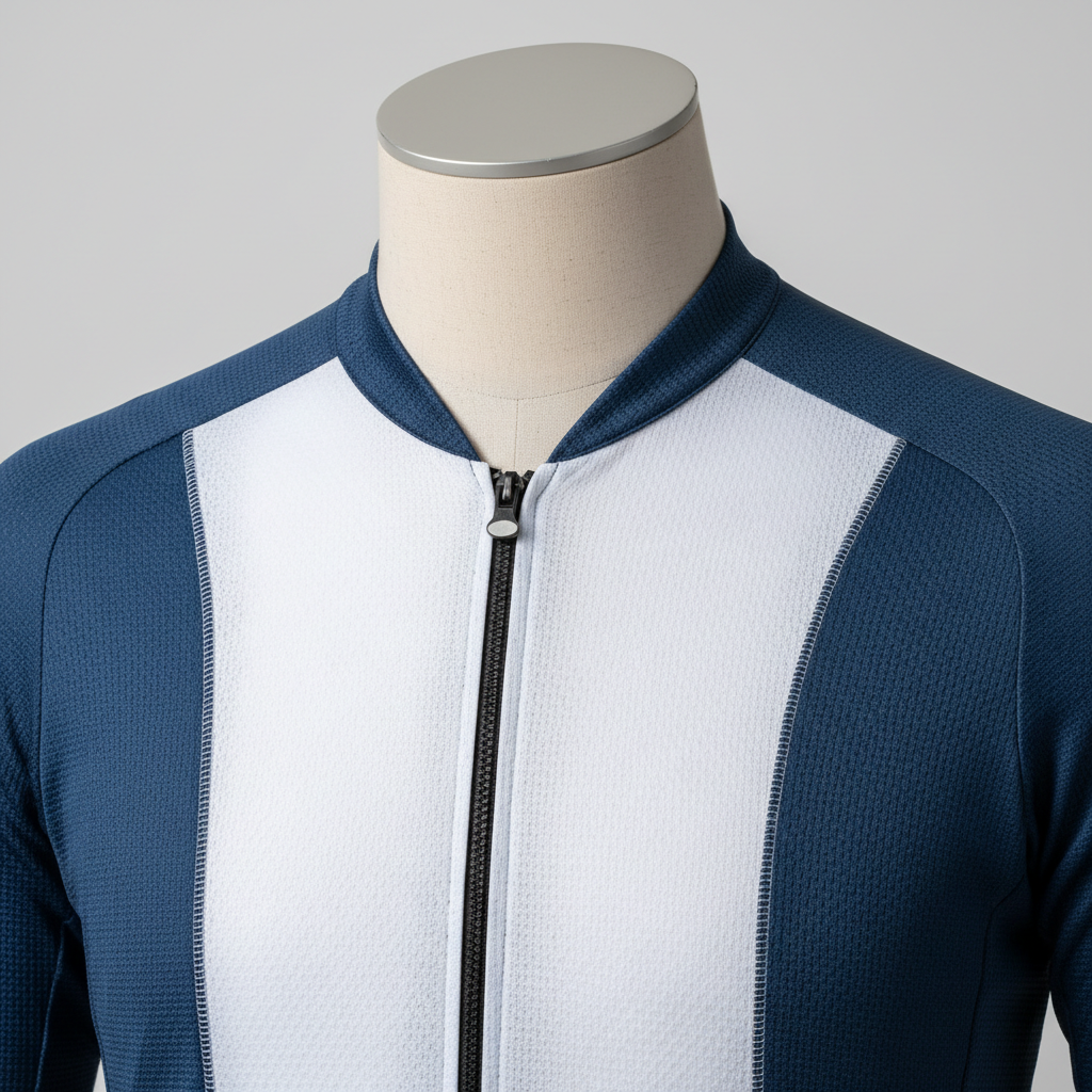Close-up of cycling jersey fabric mesh panels and zipper for ventilation