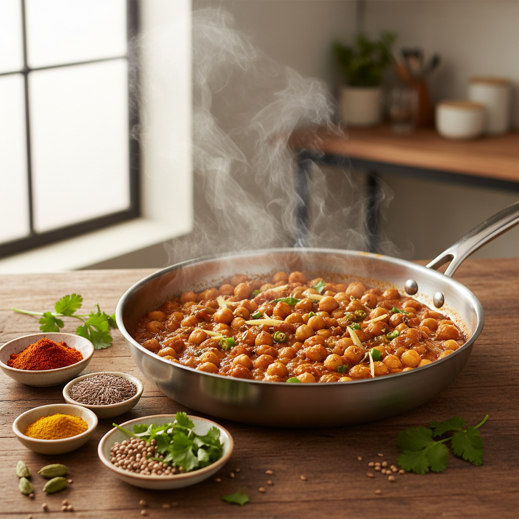 Easy chana masala chickpea simmering in a skillet with spices