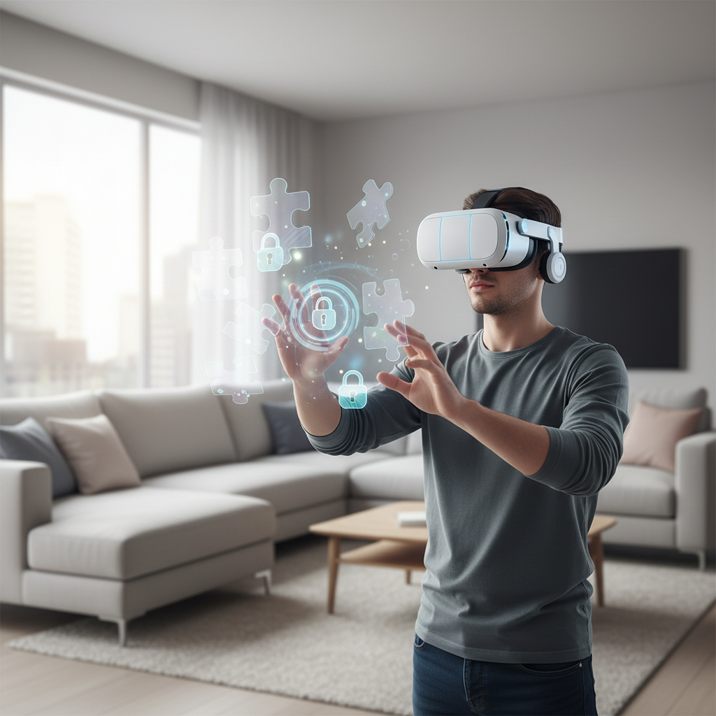 VR player solving a puzzle in a modern living room setup