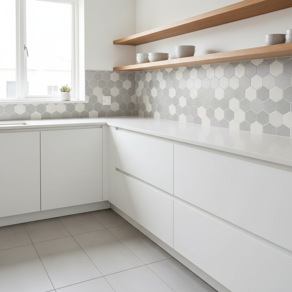 Renter-friendly kitchen backsplash using peel and stick tiles behind countertop