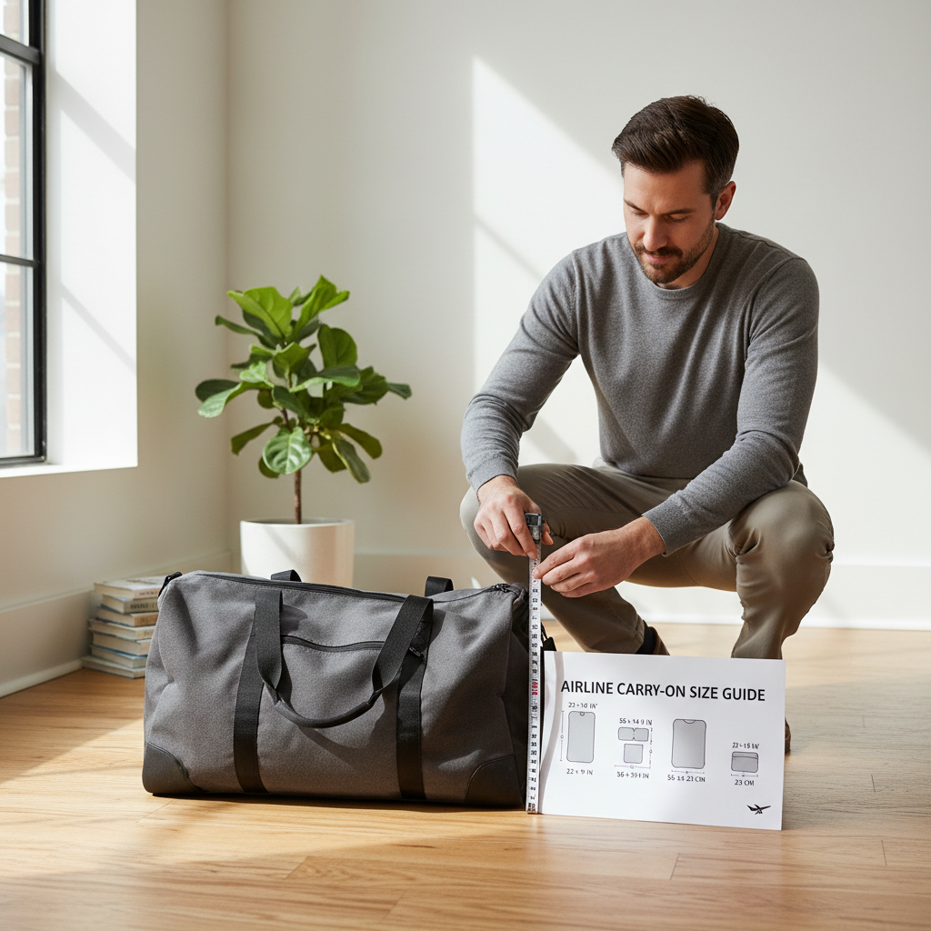 Traveler measuring a duffle bag for carry-on compliance at home