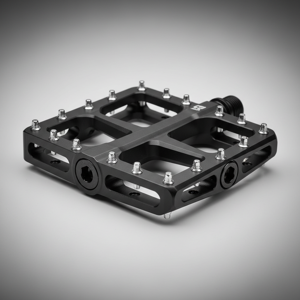 Close-up of mountain bike flat pedal pins and concave platform