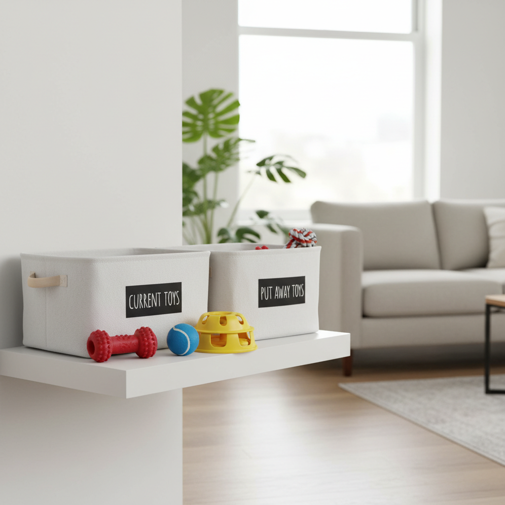 Toy rotation setup for a small dog with labeled bins and 3-4 toys