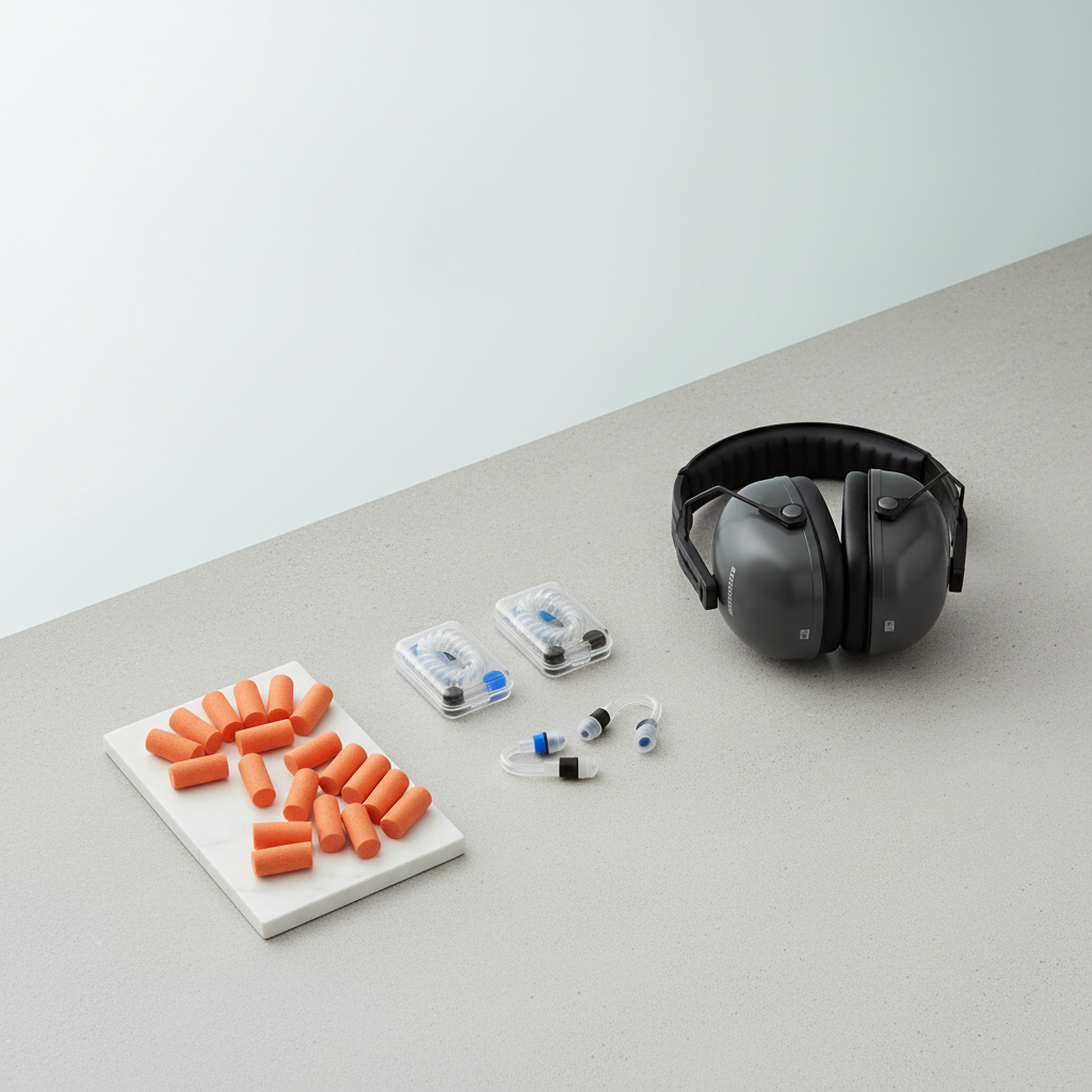 Comparison of foam earplugs, reusable earplugs, and over-ear earmuffs on a workbench
