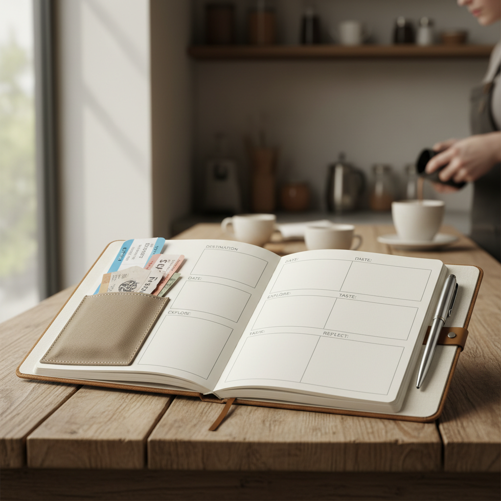 Close-up of a lay-flat travel journal with prompts, pen loop, and pocket