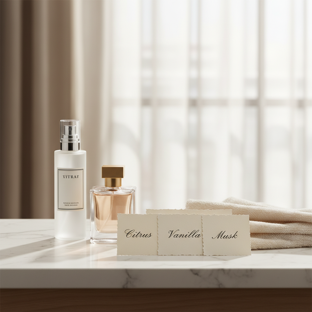 Body mist and perfume layering setup on vanity with fragrance notes