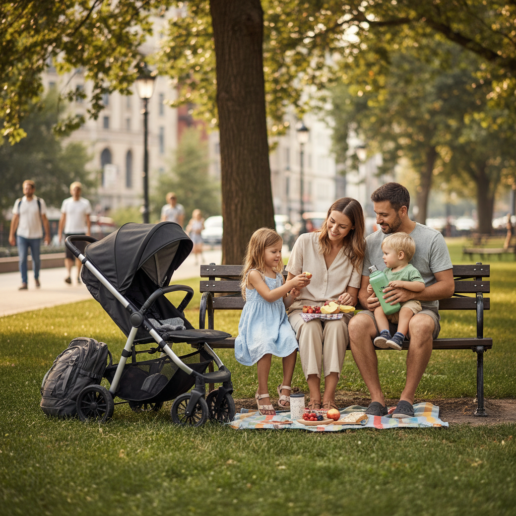 Family taking a calm break with snacks in a park while traveling
