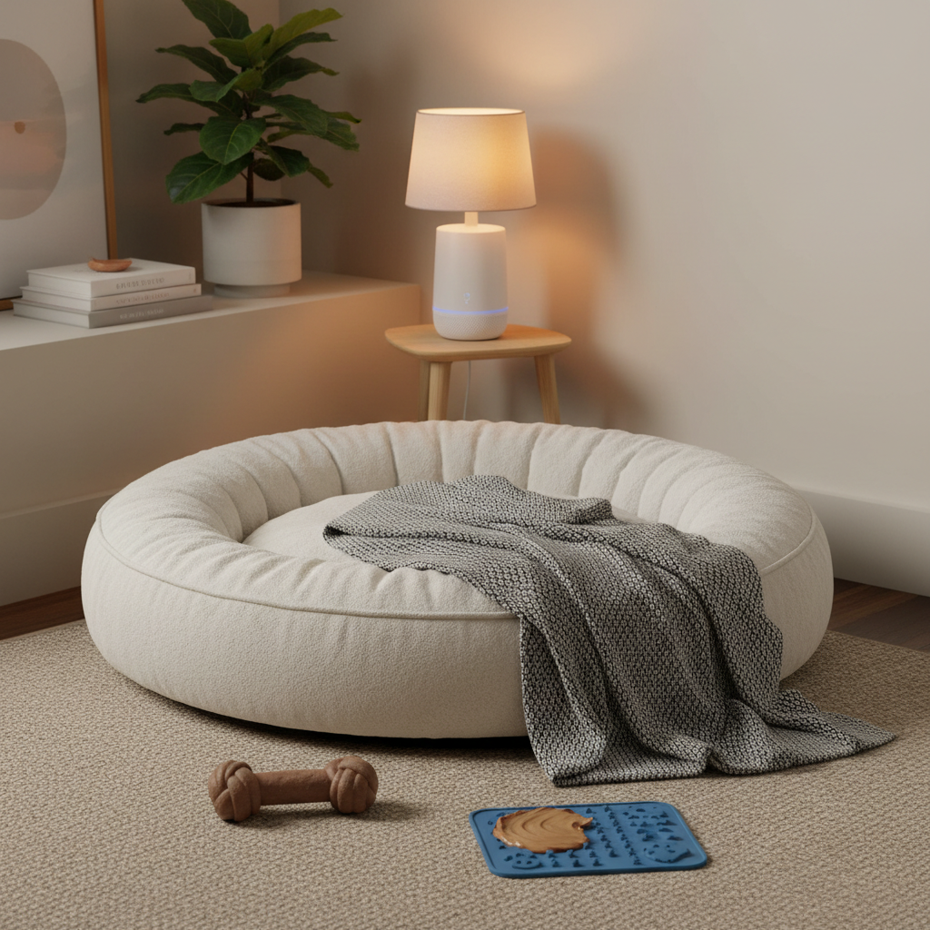 Calming setup for an anxious dog with white noise and a cozy bed