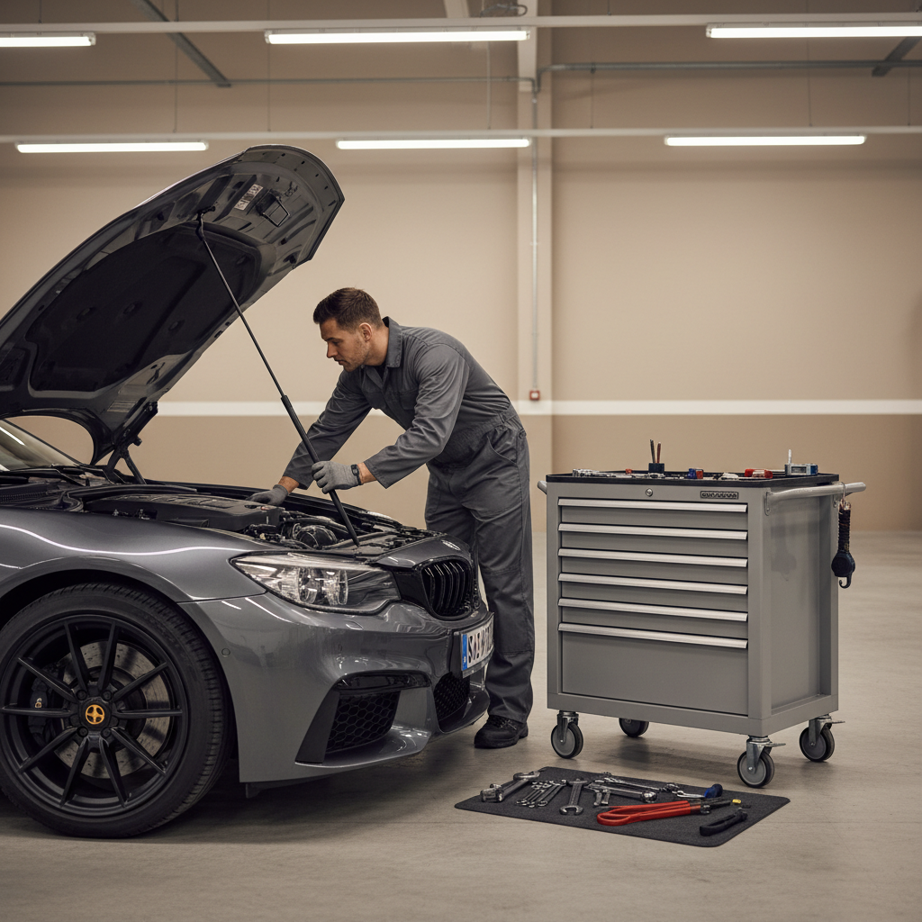 Mechanic inspecting hood hinge alignment and prop rod angle under open hood