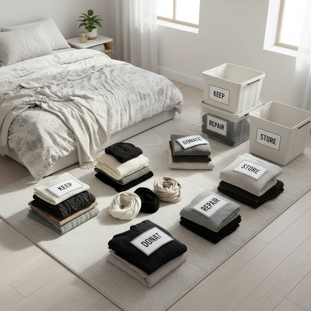 Sorting winter clothes into keep, donate, and repair piles before summer storage