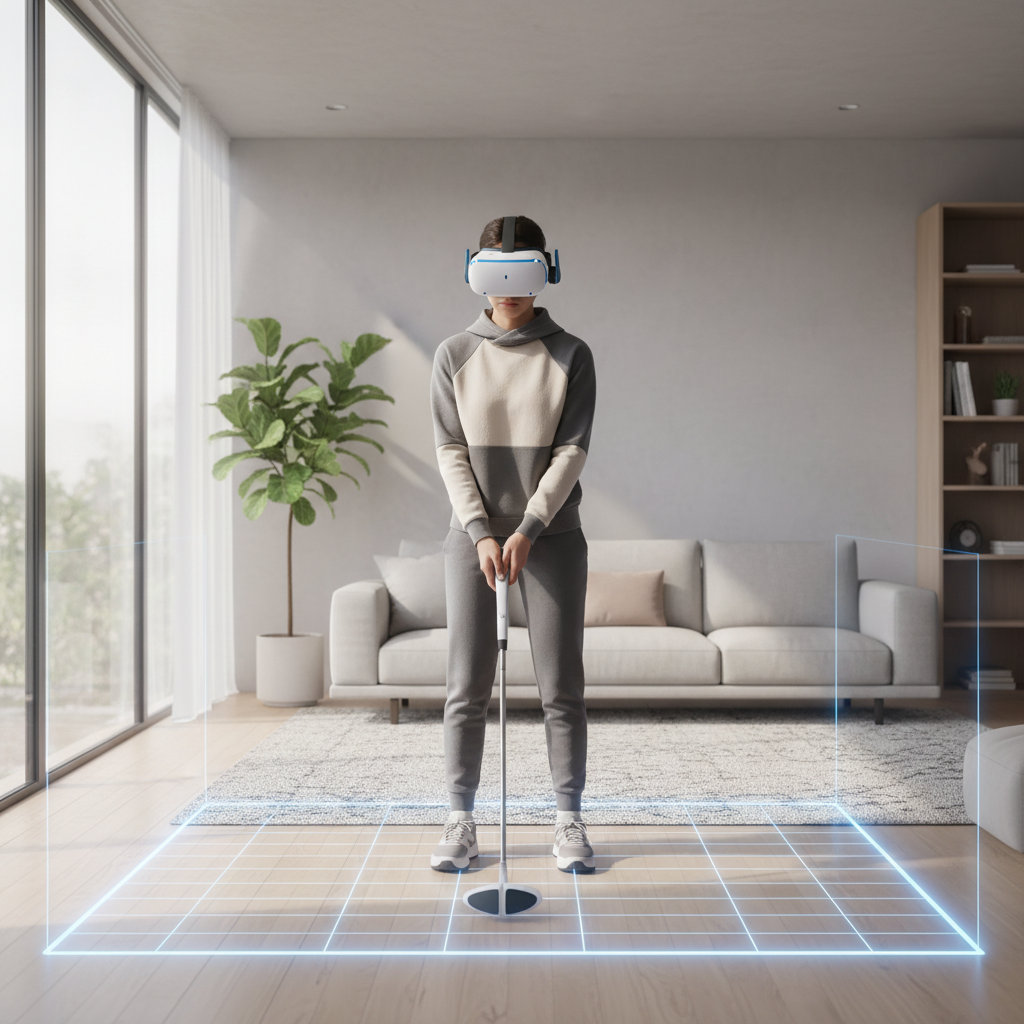 VR golfer lining up a putt in a modern living room setup